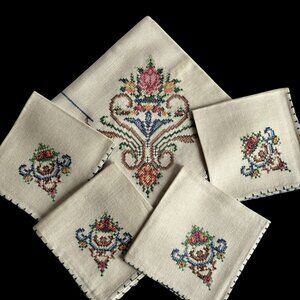 Hand Made Cross Stitch Embroidered Linen Table Topper & Napkin Set